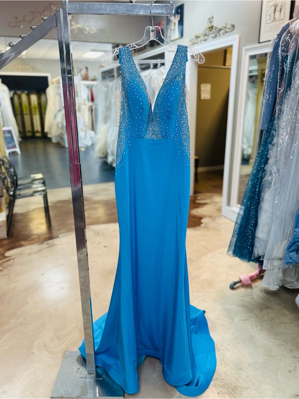 Portia and Scarlett Turquoise Blue Beaded V-Neck Prom Dress